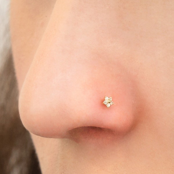 NEW 20 Gauge | 14K Solid Gold Flower CZ Thin Nose Stud, Nostril Piercing Jewelry, Nose Stud Ring, Real 14K Nose Stud Ring