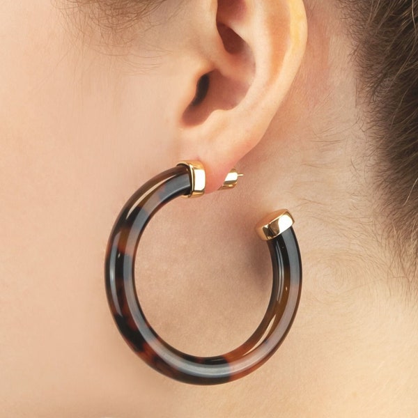 Tortoise Resin Gold Plated Open Hoop Earrings for Women - 37.5MM, 57MM, Brown, Dark Brown, Cylinder w/ Silicone Clasp