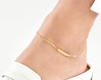Solid Gold 1.95mm Thick Paper Clip Chain Anklet with ID Bar - 10" Length, Real 14K, Yellow, Lobster, Gift, Women, Wife, Mother, Anniversary