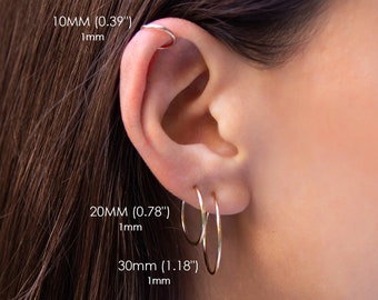 Boucles d'oreilles créoles sans fin en or jaune massif 14 carats, lobe d'oreille en or véritable 14 carats sans réaction - Bijoux de cartilage, créoles rondes essentielles et minimales, mince