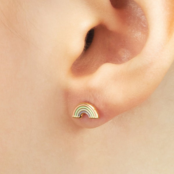 Yellow Gold Plated Sterling Silver Pastel Enamel Rainbow Stud Earrings for Girls - Extra Small / Small - Screw back - Gift for Little Girls