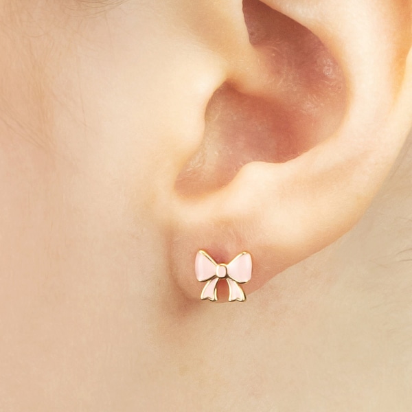 Yellow Gold Plated Sterling Silver Light Pink Enamel Bow Ribbon Stud Earrings for Girls - Extra Small and Small - Screw back - Birthday Gift