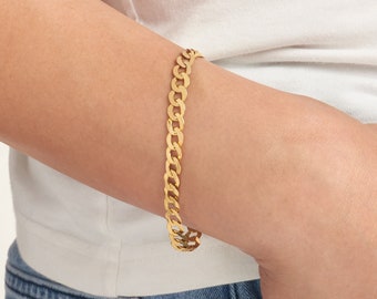 Solid Gold 7mm Thick Curb Chain Bracelets - Real 14K, Yellow, White, 8.5" Length, Lobster, Gift, Wife, Mother, Anniversary, Mother's Day