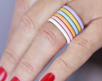 Gold Plated Sterling Silver Enamel Colored Stack Rings - Color Themed Mix + Match Fashion Ring - US Women’s Ring Size 5 to 7