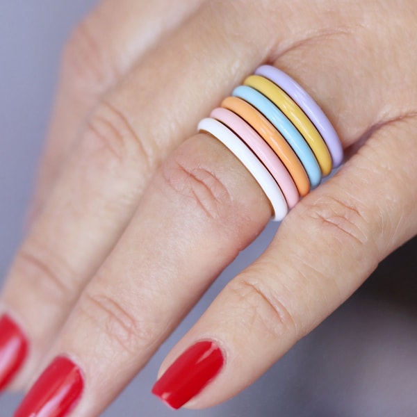 Gold Plated Sterling Silver Enamel Colored Stack Rings - Color Themed Mix + Match Fashion Ring - US Women’s Ring Size 5 to 7