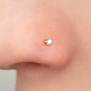 20 Gauge | 14K Yellow Gold Small Round Diamond Stud Nose Ring, Nostril Piercing Jewelry, Nose Stud Ring, Real 14K Nose Stud Ring, Gift