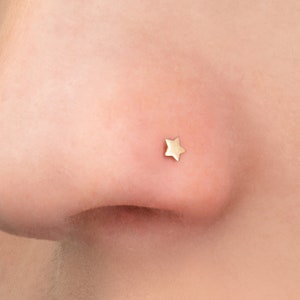 NEW 18 Gauge (1MM) | Solid 14K Yellow Gold Mini Star Design Thin Nose Ring, Nostril Piercing Jewelry, Nose Stud Ring, Real 14K Nose Stud