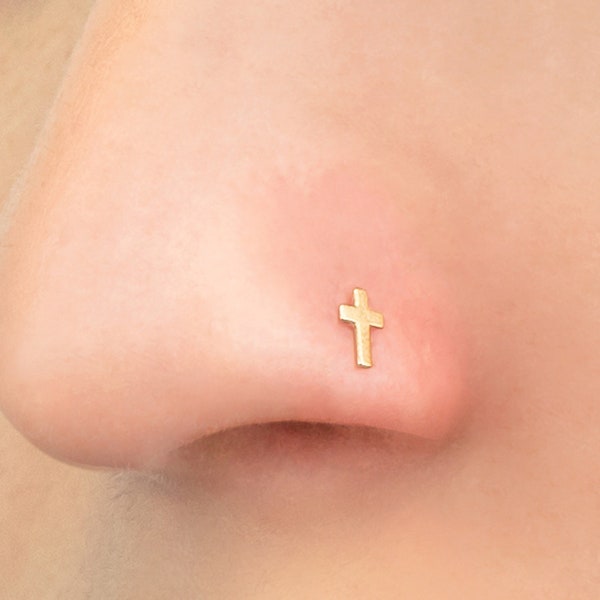 NEW Gauge 22 | 14K Solid Gold Cross U-Shaped Mount Nose Ring, Nostril Piercing Jewelry, Nose Stud Ring, Real 14K Nose Stud Ring