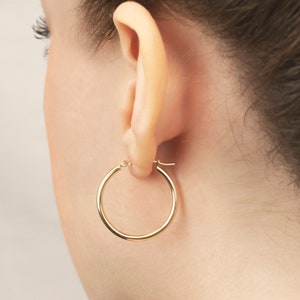 14K Solid Gold Hoop Earrings - Sizes 10mm to 65mm - 2mm Thickness - Classic Hoop - Real Gold Yellow - for Mom, Wife - Anniversary, Birthday