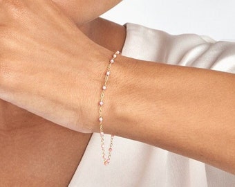 Solid 14K Gold Baby Pink Enamel Bead Piatto Chain Bracelet for Women - 2MM, 7.5" Adj, Spring Ring, Gift, Available in Assorted Enamel Color