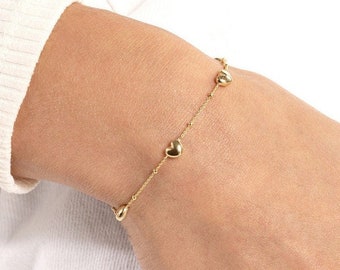 Solid 14K Yellow Gold Puffed Heart Stations Saturn Chain Bracelet for Women - 7.25 Inches, Lobster Lock, Gift, Wife, Mother, Birthday