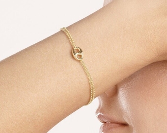 Solid 14K Yellow Gold Double Chain Bracelet with Puff Mariner Element - 1.5MM Chain Thickness, 7.5" Length, Lobster, Gift, Mother, Wife, Her