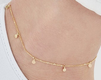 Solid Gold 0.95mm Thick Cable Chain with Mini Disc Dangle Anklet - Adjustable from 9" to 10", Real 14K, Yellow, Lobster, Gift, Women, Wife