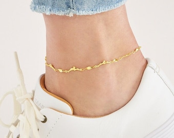Solid Gold 4.15mm Thick Marquise Twist and Dolphin Adjustable Anklet - 10" Length, Real 14K, Yellow, Spring Lock, Gift, Women, Wife, Mother