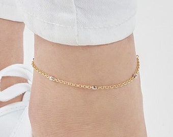 Solid 14K Gold 1.90mm Two-Tone Disco Bead Rolo Chain Anklets - Adjustable 9" to 10", Real 14K, Yellow/White, Pear, Gift, Women, Birthday