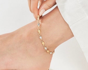 Solid Gold 5.70mm Thick Two-Tone Stampato D/C and Satin Hearts Anklet - 10" Length, Real 14k, Yellow/White, Pear, Gift, Women, Wife, Mother