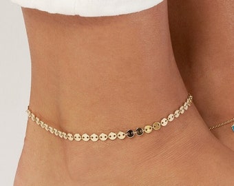 Solid 14K Gold 0.95mm Full Disc Chain Adjustable Anklet - 9" to 10", Real 14K, Yellow, Lobster, Gift, Women, Wife, Mother, Anniversary