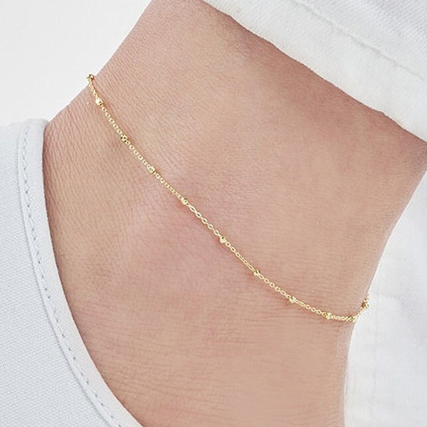 Solid 14K Gold 0.95mm Faceted Bead Saturn Chain Anklet - 10", Real 14K, Yellow, Lobster, Gift, Women, Wife, Mother, Anniversary, Birthday