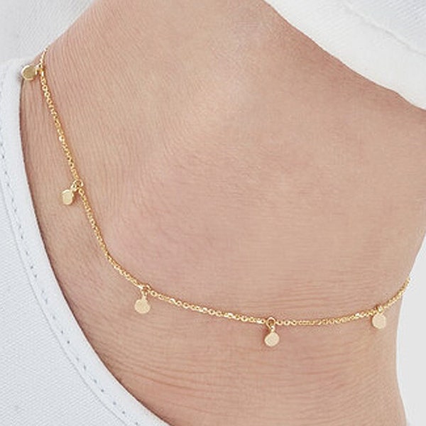 Solid Gold 0.95mm Thick Cable Chain with Mini Disc Dangle Anklet - Adjustable from 9" to 10", Real 14K, Yellow, Lobster, Gift, Women, Wife