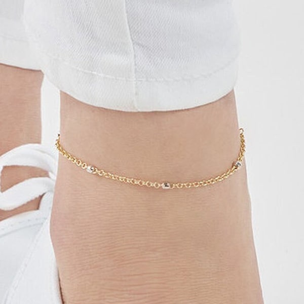 Solid 14K Gold 1.90mm Two-Tone Disco Bead Rolo Chain Anklets - Adjustable 9" to 10", Real 14K, Yellow/White, Pear, Gift, Women, Birthday