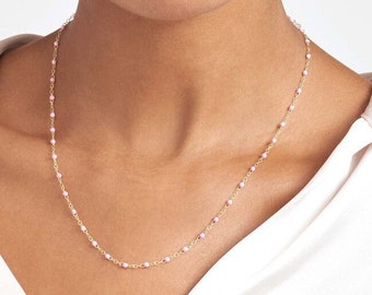 Solid 14K Yellow Gold 2MM Baby Pink Enamel Bead Piatto Chain Necklace - 18" Adjustable, Spring Ring, Gift, Wife, Girlfriend, Best Friend