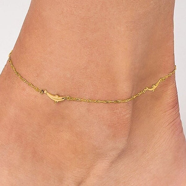 Solid 14K Dolphin Trio in 1.15mm Thick Singaporean Twist Chain Anklet - Adjustable 9" to 10", Real 14K, Yellow, White, Spring, Gift, Women