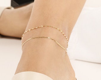 Solid 14K Yellow Gold Valentino and Hammered Forzentina Chain Adjustable Anklet - 10", Pear Lobster Lock, Gift, Wife, Girlfriend, Birthday