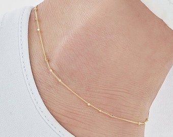 Solid 14K Gold 0.9mm Triple Bead Saturn Chain Anklets - 10", Yellow, Lobster, Gift, Women, Wife, Mother, Anniversary, Birthday, Mother's Day