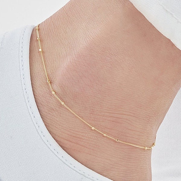 Solid 14K Gold 0.9mm Triple Bead Saturn Chain Anklets - 10", Yellow, Lobster, Gift, Women, Wife, Mother, Anniversary, Birthday, Mother's Day