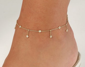 Solid Gold 0.95mm Thick Cable Chain w/ CZ Bezel Station and Drop Anklets - Adjustable 9" to 10", Real 14K, Yellow, Lobster, Gift, Women, Her