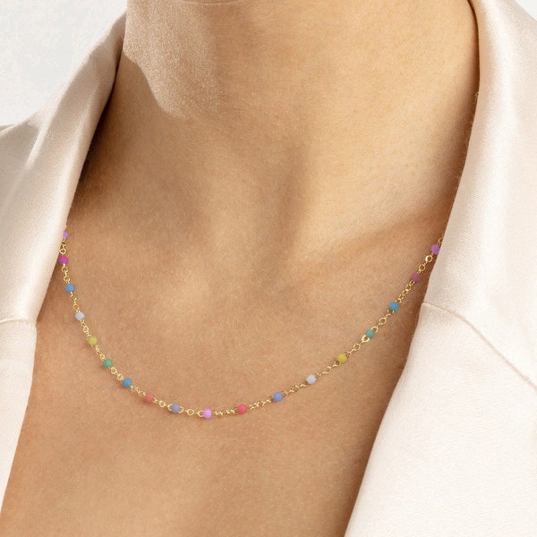 Gold Plated Rainbow Theme Enamel Bead Chain Adjustable Necklace - Vibrant Rainbow Colors | Spring Ring | Available in 15", 18" ,20" | Gift