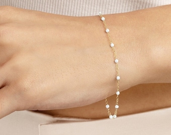 Solid 14K Yellow Gold White Enamel Bead in Adjustable Piatto Chain Bracelet - 2MM Chain Thickness, 7.5" Length, Spring Ring, Gift, Women