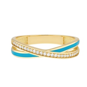 Solid 14K Yellow Gold Diamond and Neon Blue Enamel X Ring for Women - 1/8tcw, Ring Size 6, 7, 8 | Gift, Birthday, Anniversary, Wife