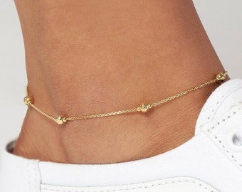 Solid 14K Yellow Gold D/C and Mini Polished Bead Adjustable Anklet - 10" Length, Lobster Lock, Gift, Family, Loved Ones, Special Occasion