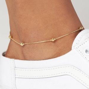 Solid 14K Yellow Gold D/C and Mini Polished Bead Adjustable Anklet 10 Length, Lobster Lock, Gift, Family, Loved Ones, Special Occasion image 1