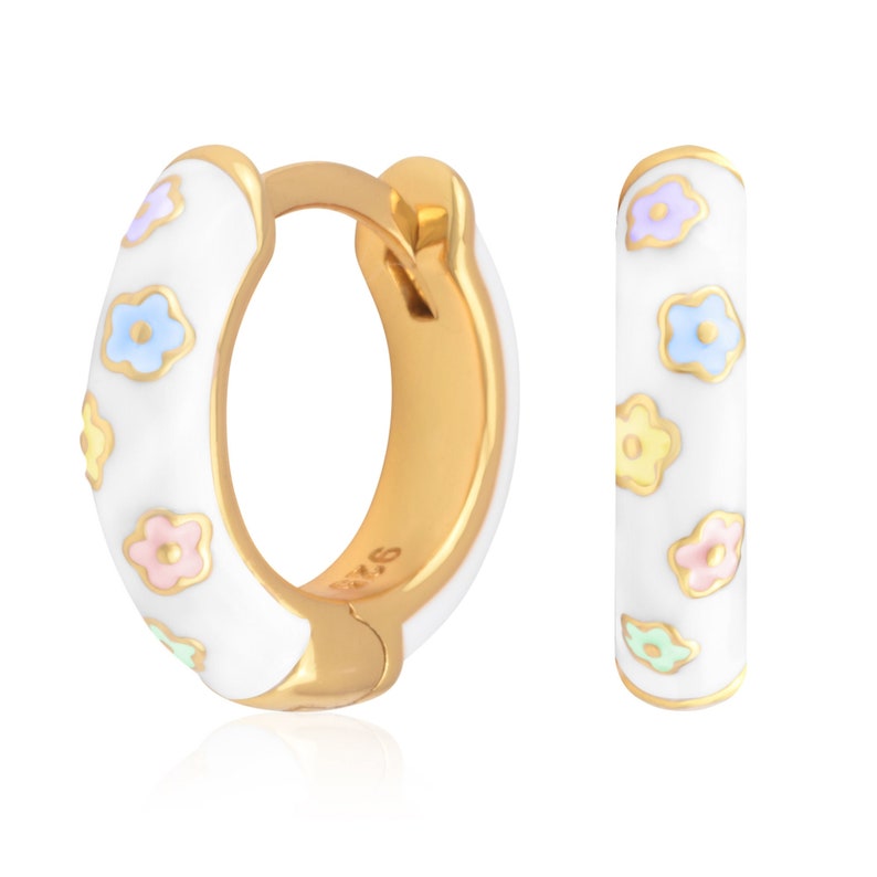 Full Pair Gold Plated Sterling Silver Colored Print on White Enamel Women's Huggie Hoop Earrings, Mix Match Heart Stripe Flower Mini Hoops Multicolor Flowers