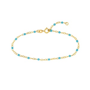 Solid Gold Light Turquoise Enamel Bead on 2mm Thick Piatto Chain Anklet 10 Adjustable, Real 14K, Yellow, Spring Ring, Gift, Women, Wife image 3