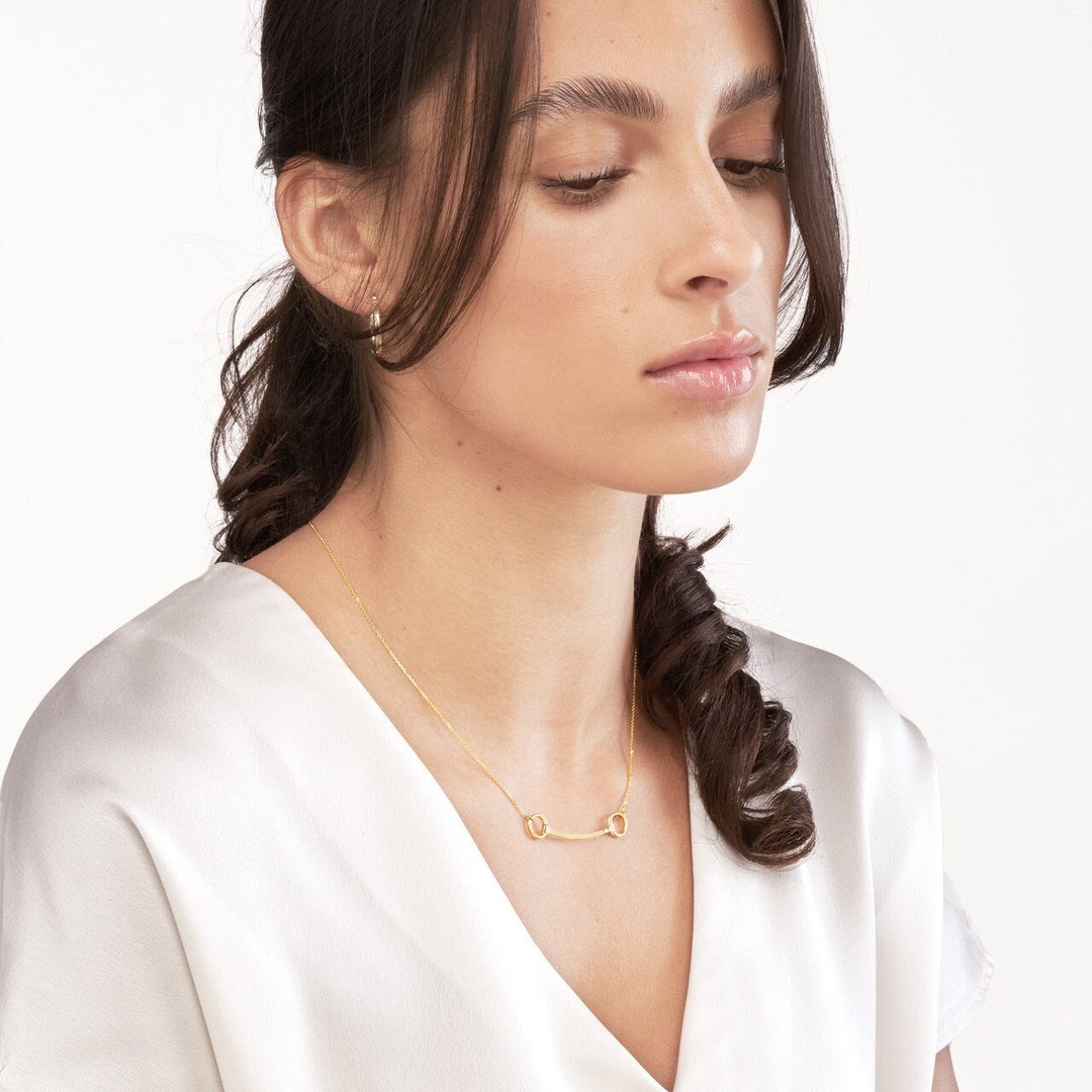 Solid 14K Yellow Gold Diamond Horse Bit Station Necklace for Women 18