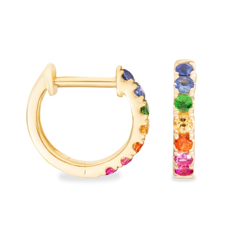 14K Yellow Gold Genuine Sapphire Garnet Fine Gem Stones Multicolor Rainbow Huggie Hoop Earrings for Women Pride Hoops Earring 10.2MMx11MM Multicolor Huggie