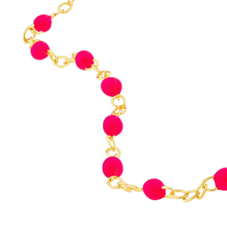 Real 14K Yellow Gold Neon Pink Enamel Bead in 2MM Piatto Chain Bracelet 7.5 Adjustable, Spring Ring, Gift, Available in Assorted Colors Neon Pink