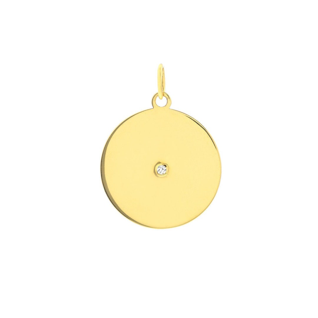 Solid 14K Yellow Gold Center Diamond Disk Charm Pendant No Chain