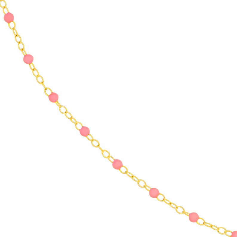 Solid Gold Light Turquoise Enamel Bead on 2mm Thick Piatto Chain Anklet 10 Adjustable, Real 14K, Yellow, Spring Ring, Gift, Women, Wife Baby Pink
