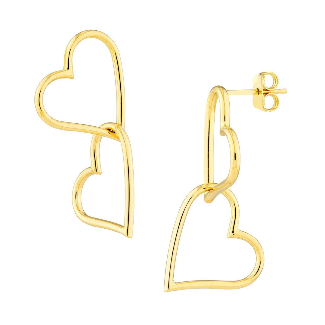 Solid 14K Gold Double Open Heart Dangle Earrings With