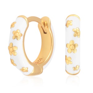 Full Pair Gold Plated Sterling Silver Colored Print on White Enamel Women's Huggie Hoop Earrings, Mix Match Heart Stripe Flower Mini Hoops Gold Flowers