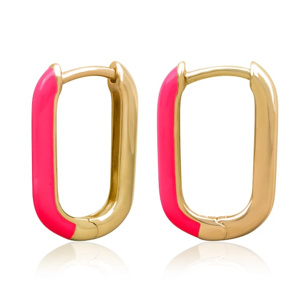 Gold Plated Sterling Silver Assorted Color Enamel U Shaped Huggie Earrings for Women - Available in 25MM and 18MM Sizes