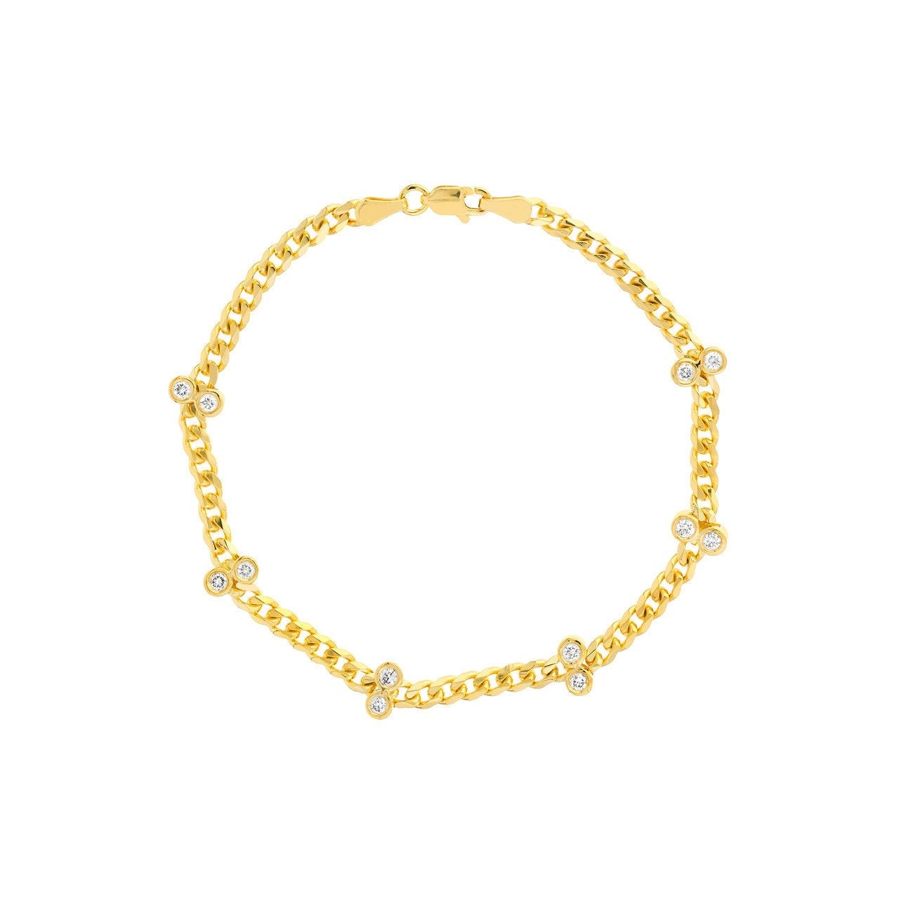 Solid 14K Gold Diamond Duo Stations on Curb Chain Bracelet