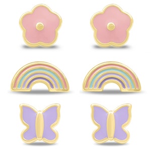 Gold Plated Sterling Silver Enamel Stud Earrings for Girls - 3 Pairs Set, Cute Assorted Design, Screw Back, Gift for Young Girls, Birthday