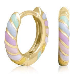 Full Pair Gold Plated Sterling Silver Colored Print on White Enamel Women's Huggie Hoop Earrings, Mix Match Heart Stripe Flower Mini Hoops Rainbow (V1)- Pastel