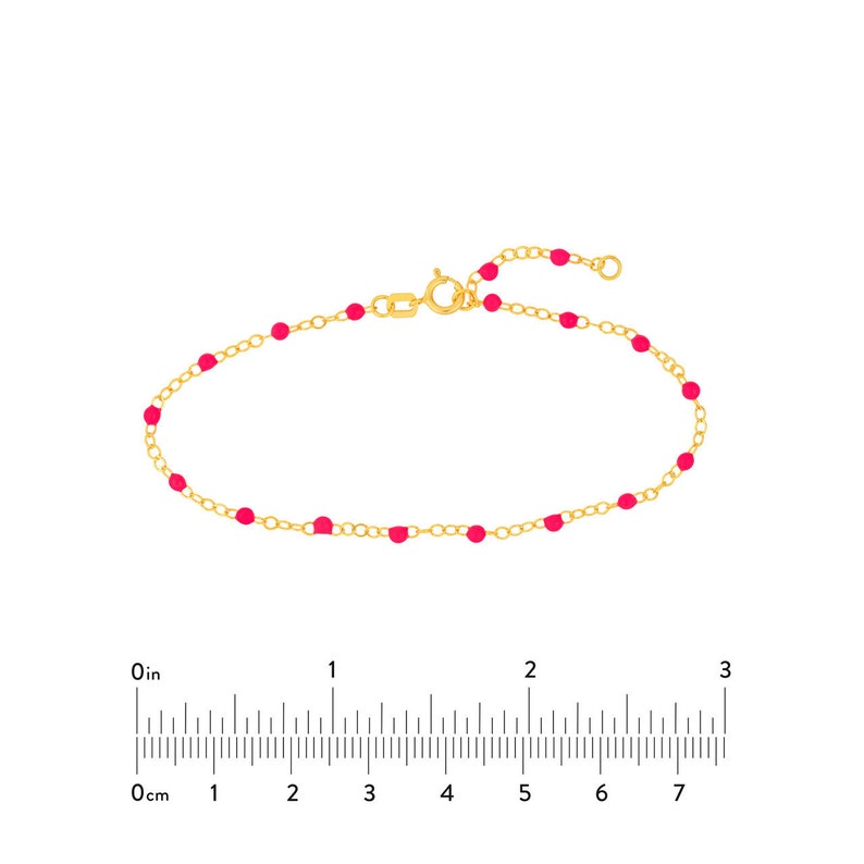 Real 14K Yellow Gold Neon Pink Enamel Bead in 2MM Piatto Chain Bracelet 7.5 Adjustable, Spring Ring, Gift, Available in Assorted Colors image 5