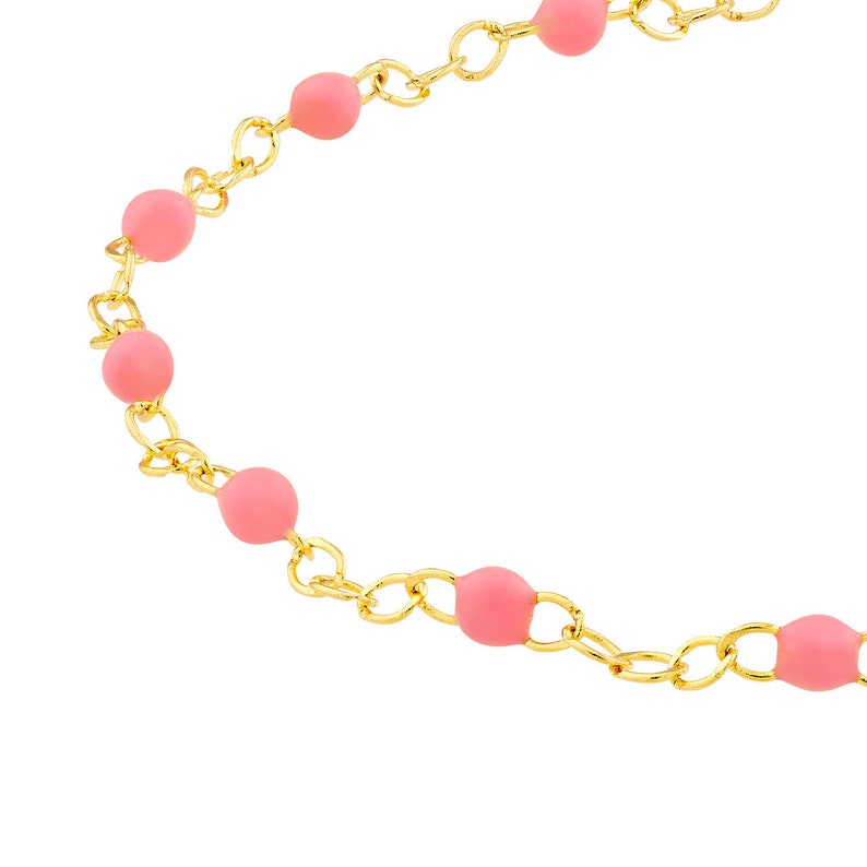 Real 14K Yellow Gold Neon Pink Enamel Bead in 2MM Piatto Chain Bracelet 7.5 Adjustable, Spring Ring, Gift, Available in Assorted Colors Baby Pink
